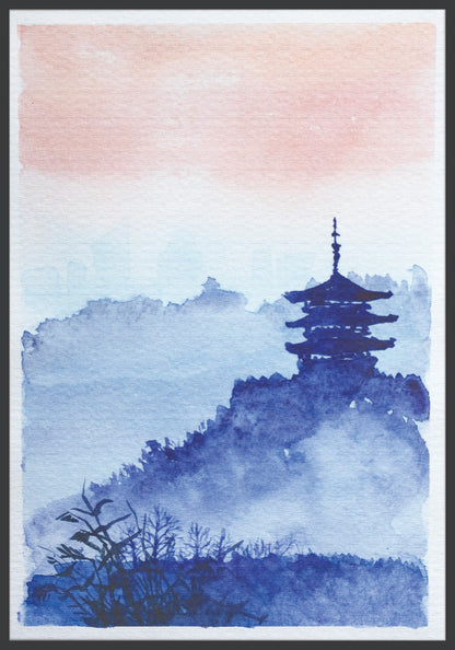 Akvarell japansk tempelskog poster